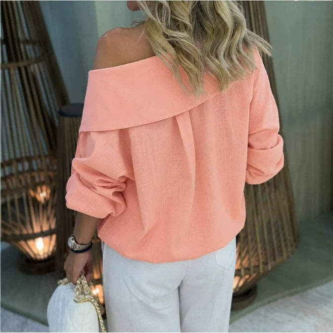 Damen Oversize Off-Shoulder Leinenbluse mit asymmetrischem Kragen und Zierknopfleiste Nord Taschen