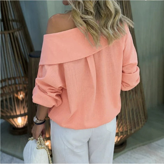 Damen Oversize Off-Shoulder Leinenbluse mit asymmetrischem Kragen und Zierknopfleiste Nord Taschen