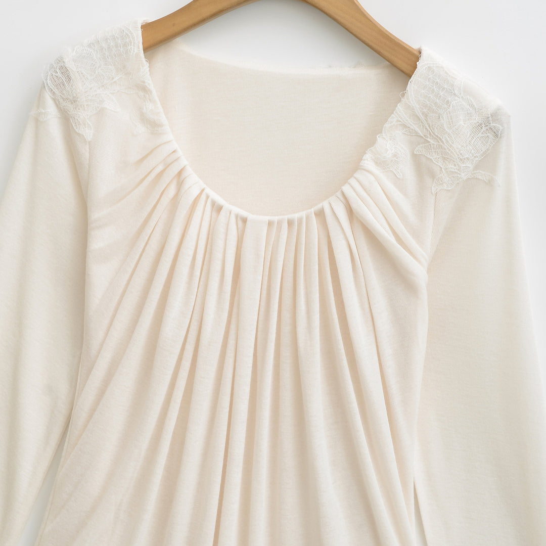 Damen Jersey-Top mit weitem Rundhalsausschnitt, Faltenfront und Spitzenbesatz Nord Taschen