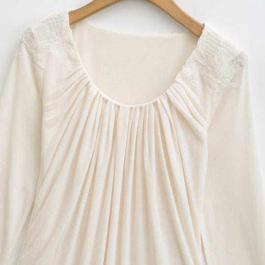 Damen Jersey-Top mit weitem Rundhalsausschnitt, Faltenfront und Spitzenbesatz Nord Taschen