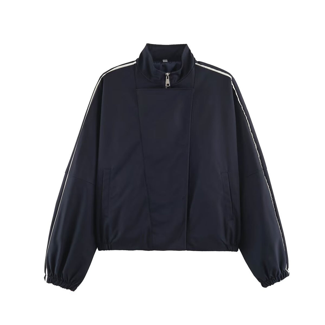 Damen Oversize Bomberjacke im Blouson‑Stil mit hohem Stehkragen, verdecktem Reißverschluss und Kontrastpaspel Nord Taschen