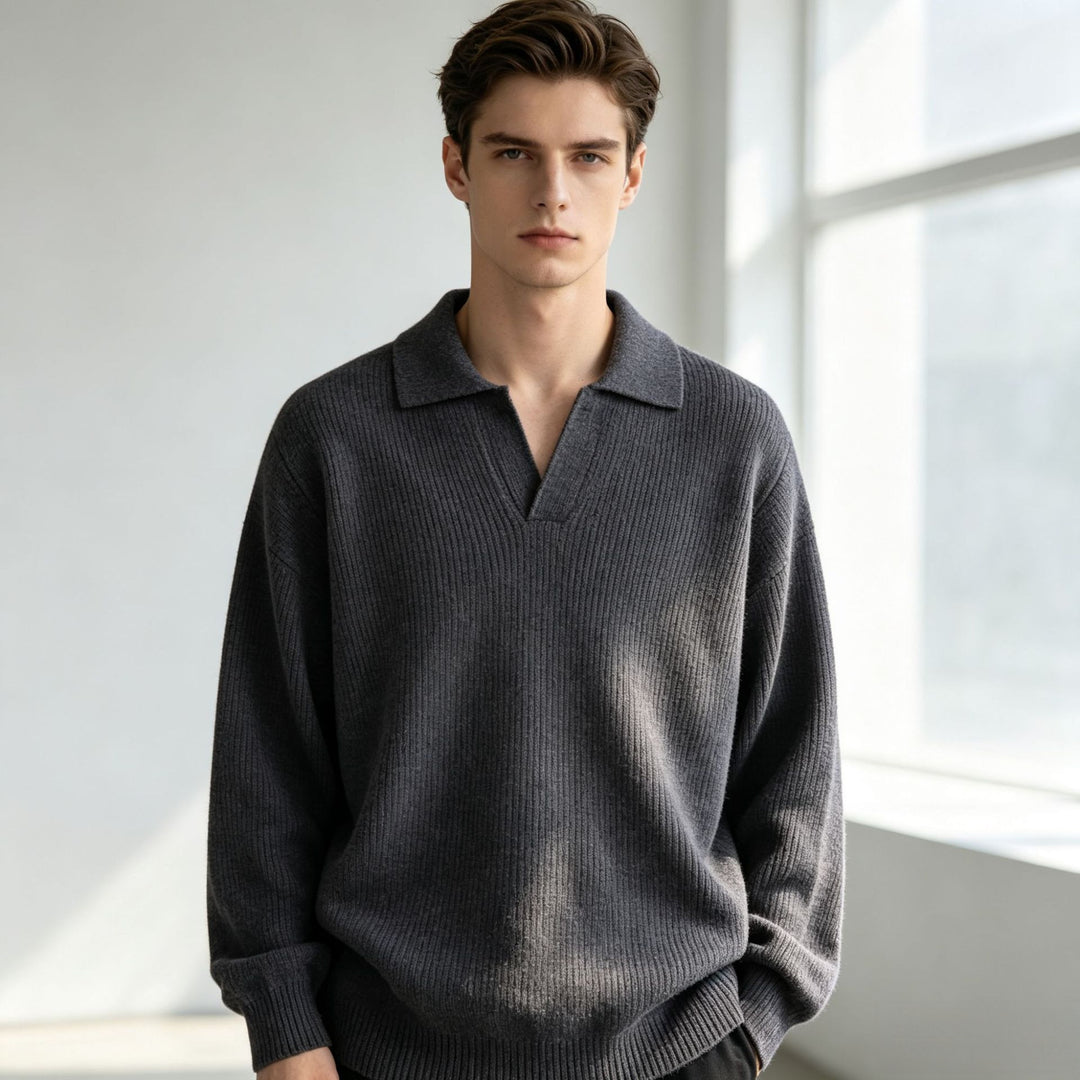 Damen Oversized Polokragen-Feinstrickpullover mit kurzem Schlitz und Zierknopf Nord Taschen