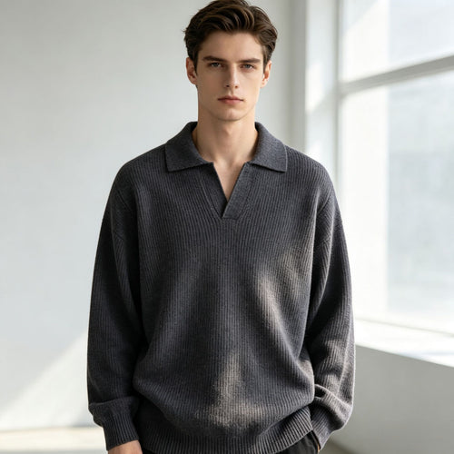 Damen Oversized Polokragen-Feinstrickpullover mit kurzem Schlitz und Zierknopf Nord Taschen