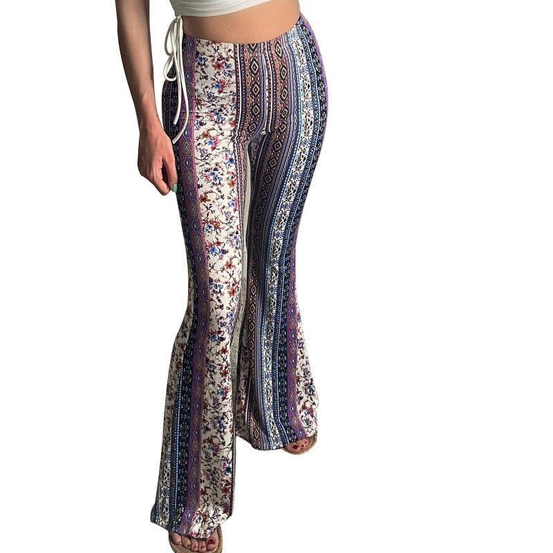 Damen Boho-florale hochgeschnittene Schlaghose aus Stretch-Jersey Nord Taschen