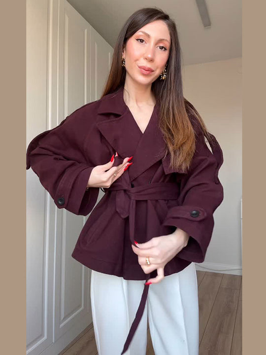 Damen Kurzjacke im Trenchstil mit Taillengürtel, Oversize-Ärmeln und kastiger Cropped-Silhouette Nord Taschen