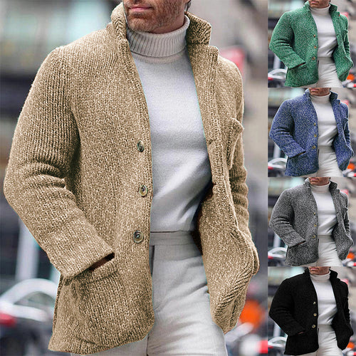 Herren Grobstrick-Cardigan-Jacke mit hohem Stehkragen und aufgesetzten Taschen Nord Taschen