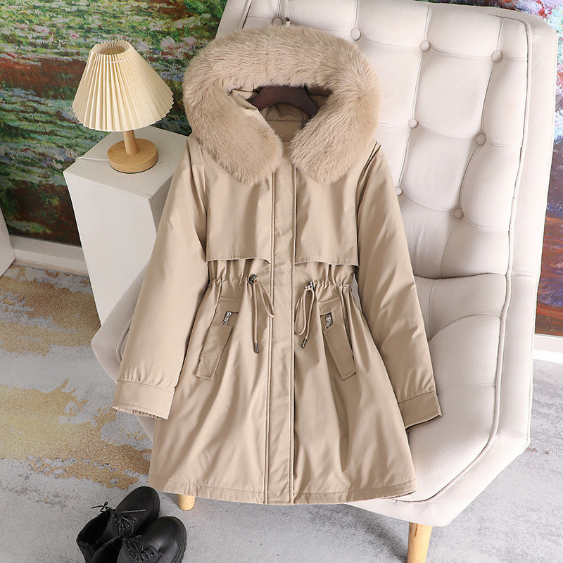 Damen nan mittellanger wasserabweisender Parka mit voluminösem Kunstfellkragen, Taillenzug und multifunktionalen Pattentaschen Nord Taschen