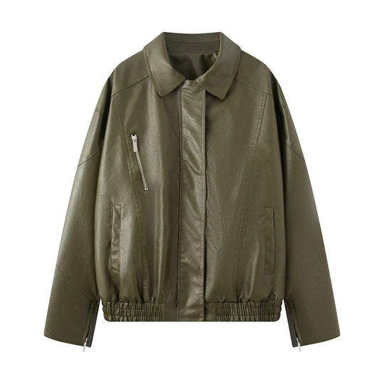 Damen Oversized Kunstleder-Bomberjacke mit elastischem Saum, verdeckter Druckknopfleiste und schräger Reißverschlusstasche Nord Taschen