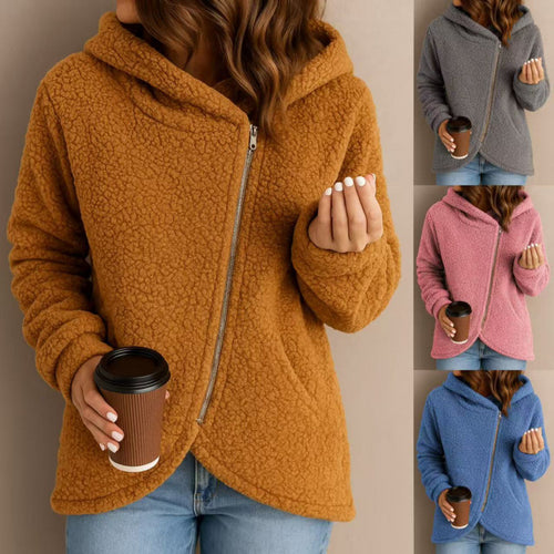 Damen Teddy-Fleecejacke mit asymmetrischem Reißverschluss, Kapuze und gewelltem Saum Nord Taschen
