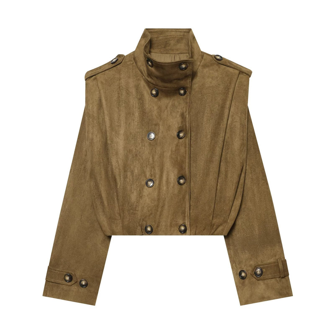 Damen Kurzgeschnittene doppelreihige Wildlederoptik‑Jacke mit Stehkragen und Schulterpatten Nord Taschen