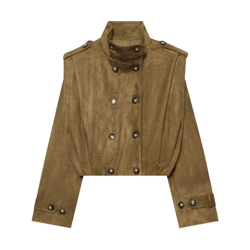 Damen Kurzgeschnittene doppelreihige Wildlederoptik‑Jacke mit Stehkragen und Schulterpatten Nord Taschen