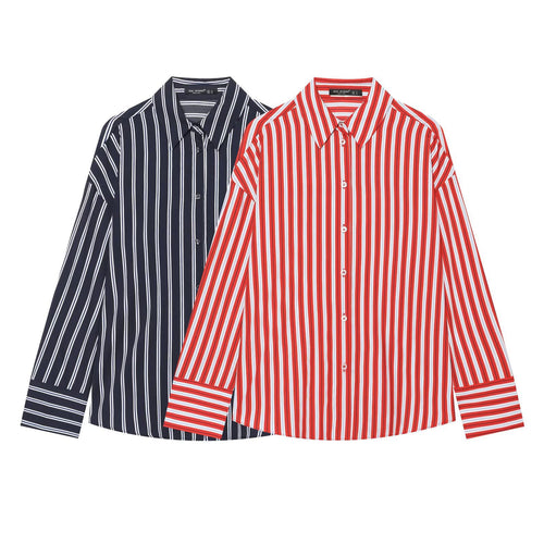 Damen Oversize-gestreifte Hemdbluse mit Kentkragen und durchgehender Knopfleiste Nord Taschen