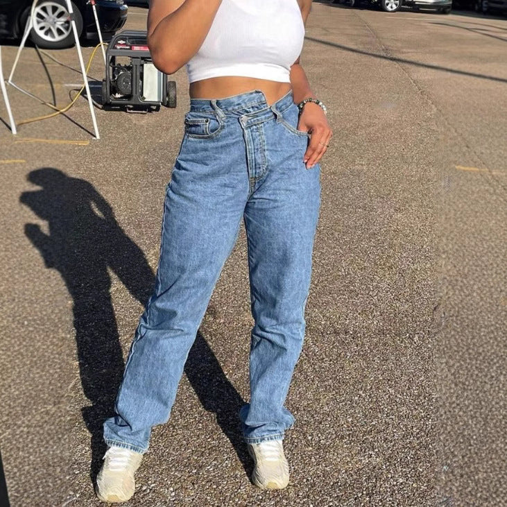 Damen Hochgeschnittene Cropped-Mom-Jeans mit asymmetrischem Bund und geradem Bein Nord Taschen