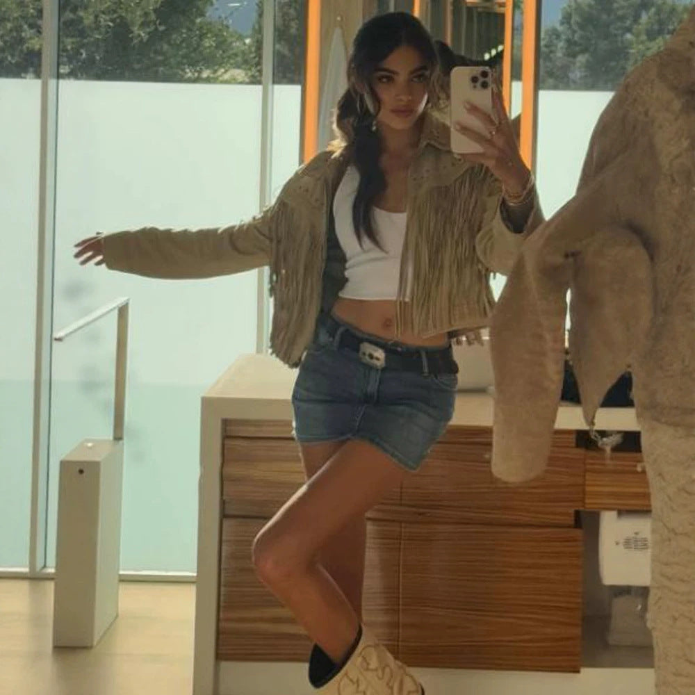 Damen Kurzfransen-Suedejacke im Westernstil mit Ziernähten und Nieten Nord Taschen