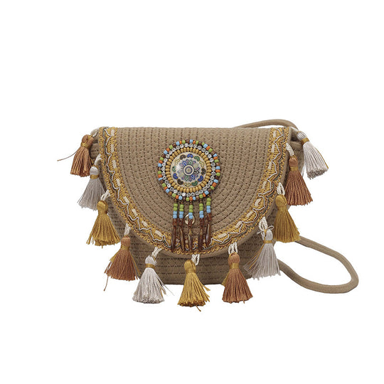 Damen Schultertasche mit kunstvollem Häkelmuster und dekorativen Quasten Nord Taschen