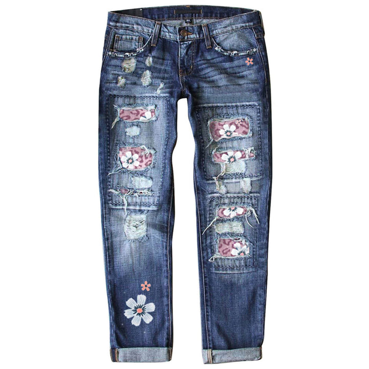 Damen verwaschene schmale Jeans mit Leopardenpatches und Glitzerbesatz Nord Taschen