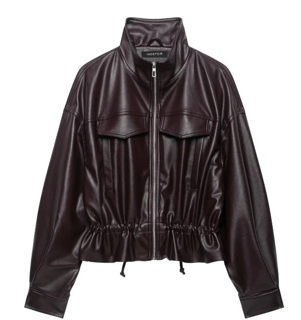 Damen Cropped Kunstleder‑Blouson mit Stehkragen, Pattentaschen und Tunnelzugtaillierung Nord Taschen