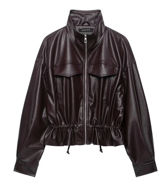Damen Cropped Kunstleder‑Blouson mit Stehkragen, Pattentaschen und Tunnelzugtaillierung Nord Taschen