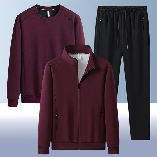 [Herren] Zweiteiliges Trainingsset mit Stehkragen-Zipjacke, Rundhals‑Sweatshirt und konisch geschnittener Jogginghose aus atmungsaktivem Fleece Nord Taschen