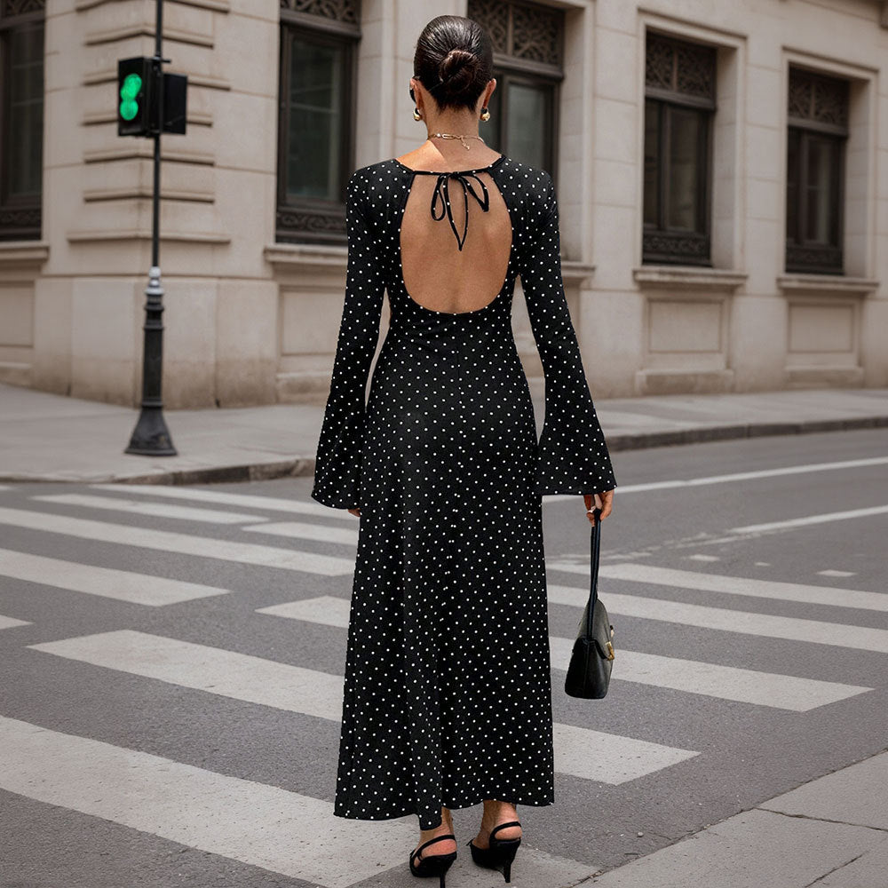 Damen elegantes Polka‑Dot Maxikleid mit tailliertem Oberteil, Trompetenärmeln und fließendem A‑Linien‑Rock Nord Taschen