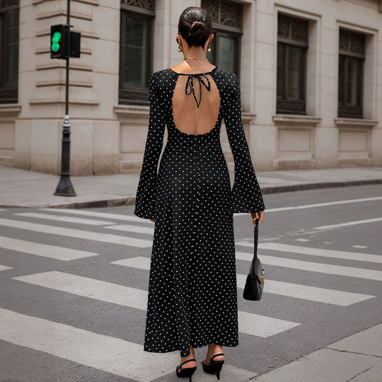 Damen elegantes Polka‑Dot Maxikleid mit tailliertem Oberteil, Trompetenärmeln und fließendem A‑Linien‑Rock Nord Taschen