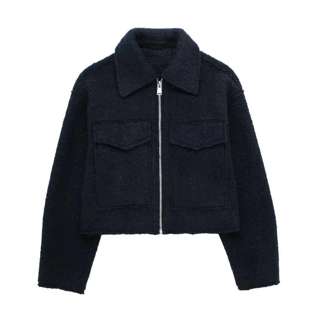 Damen Kurz geschnittene Teddyjacke mit Reißverschluss, Kragen und aufgesetzten Klappentaschen Nord Taschen