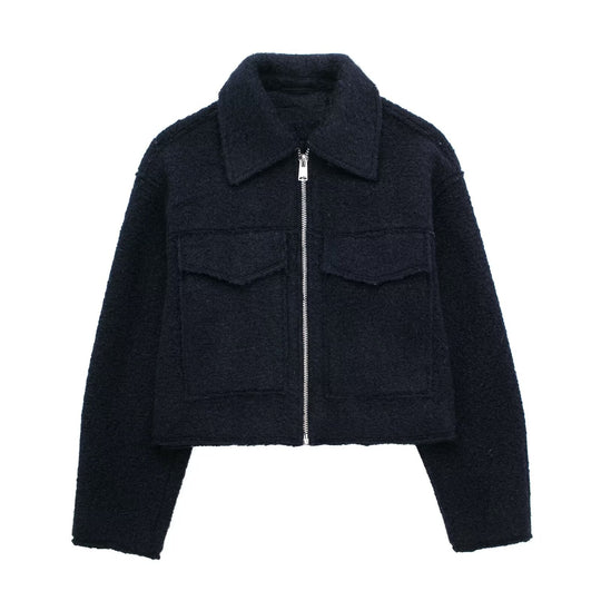 Damen Kurz geschnittene Teddyjacke mit Reißverschluss, Kragen und aufgesetzten Klappentaschen Nord Taschen