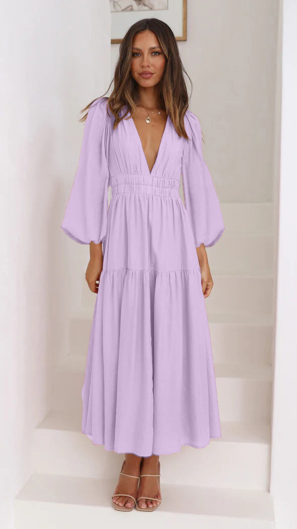 Damen Langarm Maxikleid mit tiefem V-Ausschnitt und weitem Rock
