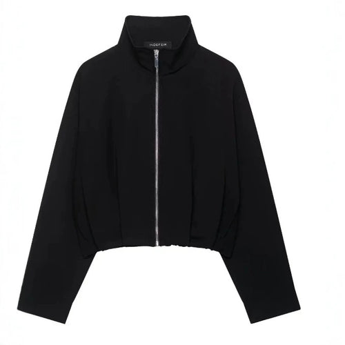 Damen Taillenkurze Zip‑Jacke mit Stehkragen und ballonförmigen Ärmeln Nord Taschen