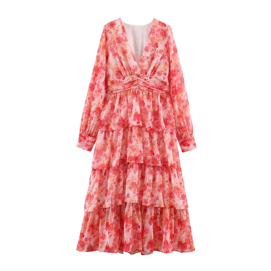 Damen Langes stufiges Chiffon-Midikleid mit tiefem V‑Ausschnitt und taillierten Drapierungen Nord Taschen