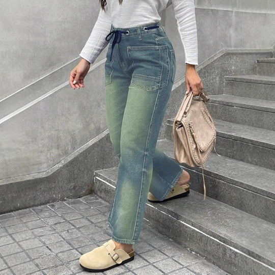 Damen Hochtaillierte Jeans mit geradem Bein, Tunnelzugbund und aufgesetzten Taschen Nord Taschen