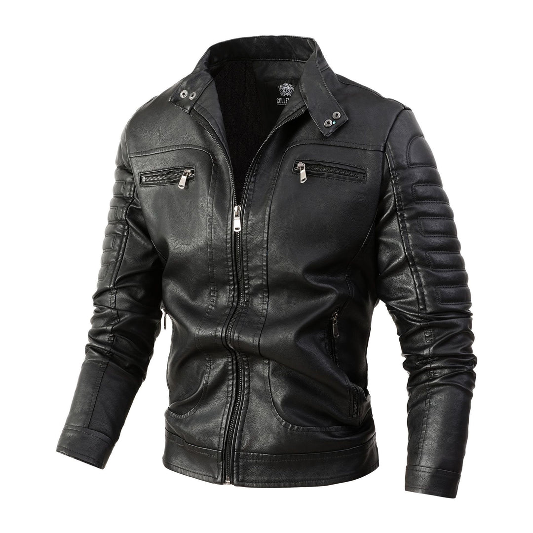 Herren Bikerjacke aus Kunstleder mit gesteppter Ärmelpolsterung, Stehkragen und Multi-Taschen Nord Taschen