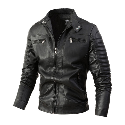 Herren Bikerjacke aus Kunstleder mit gesteppter Ärmelpolsterung, Stehkragen und Multi-Taschen Nord Taschen