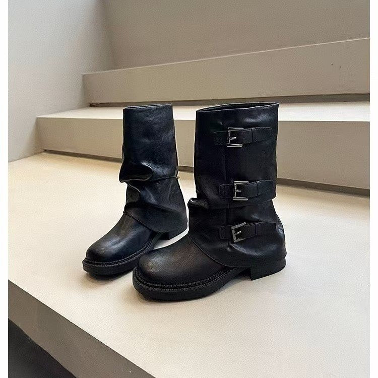 Damen Steppstiefel mit modischen Schnallen und flexiblem Schaftrand
