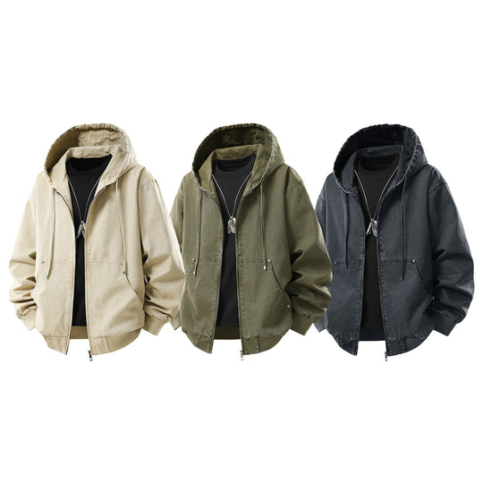 Herren Oversize Kapuzenjacke aus gewaschenem Canvas mit Reißverschluss und Utility-Taschen Nord Taschen