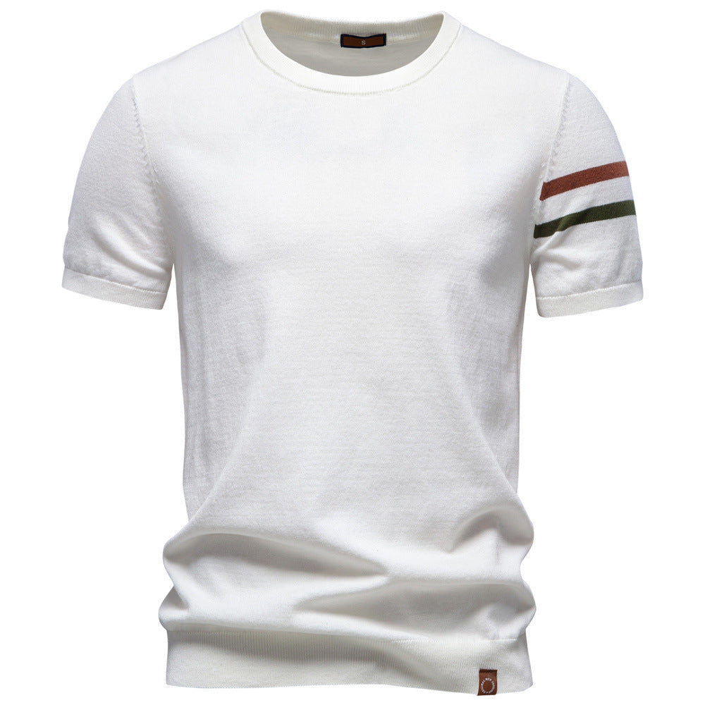 Herren nan feines Baumwollstrickshirt mit Rundhalsausschnitt kurzärmelig und kontrastierenden Ärmelstreifen Nord Taschen