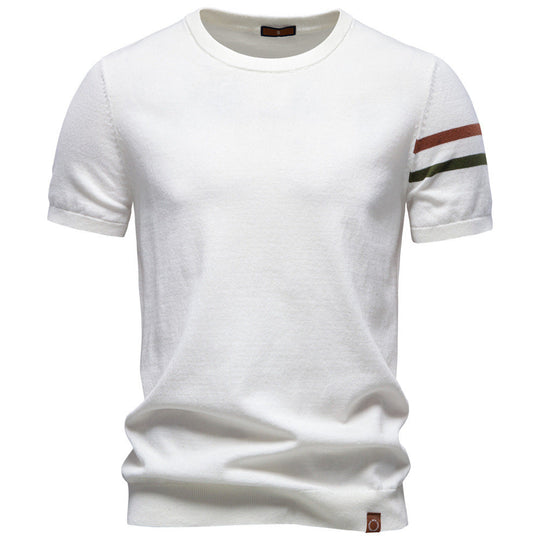 Herren nan feines Baumwollstrickshirt mit Rundhalsausschnitt kurzärmelig und kontrastierenden Ärmelstreifen Nord Taschen