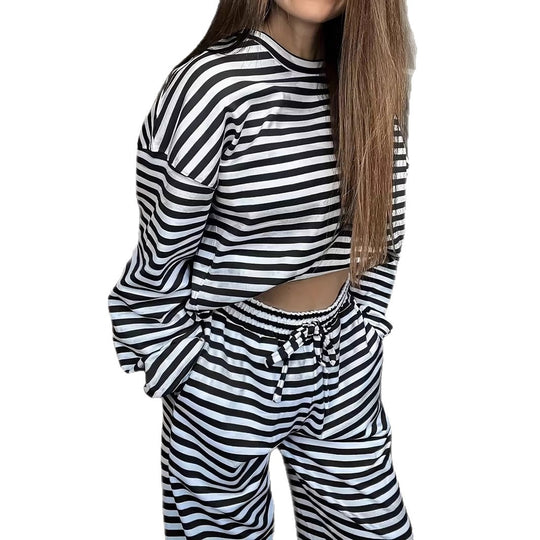 Damen Gestreiftes Lounge-Set aus weichem Baumwoll-Mix mit weitem Bein Nord Taschen