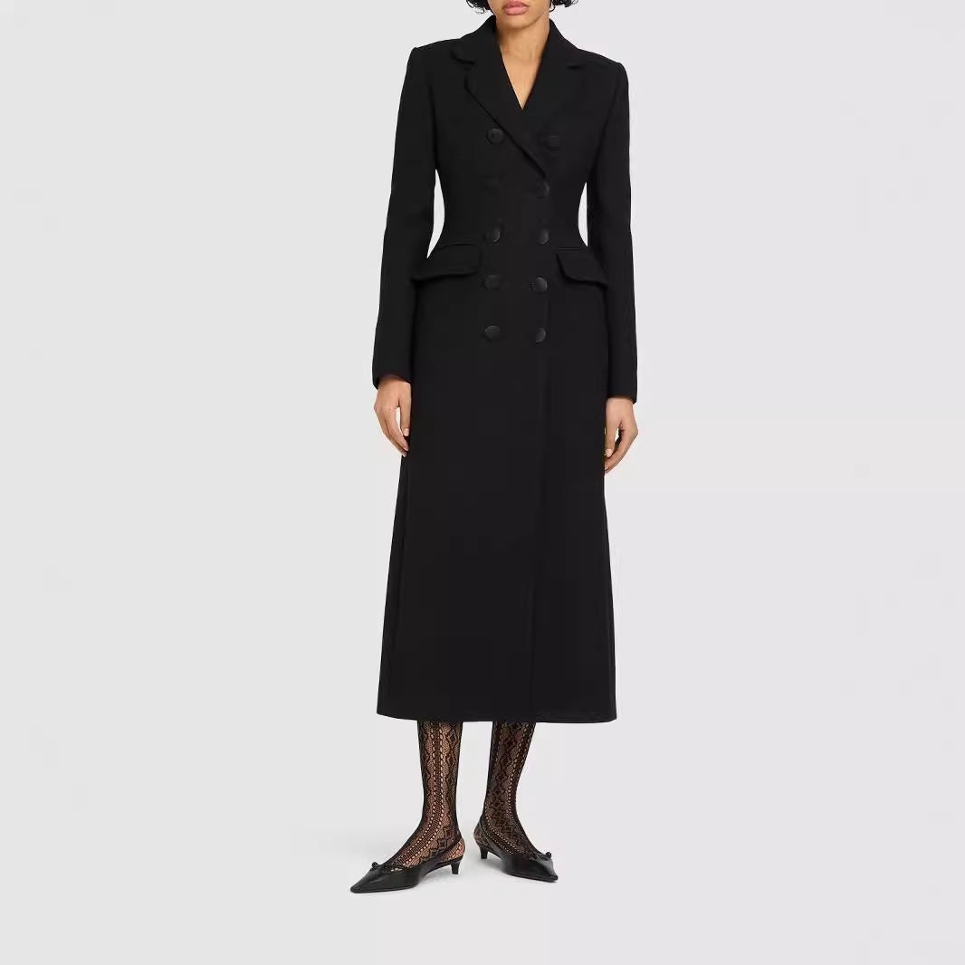 Damen Doppelreihiges tailliertes Blazerkleid mit Maxi‑Länge und Pattentaschen Nord Taschen