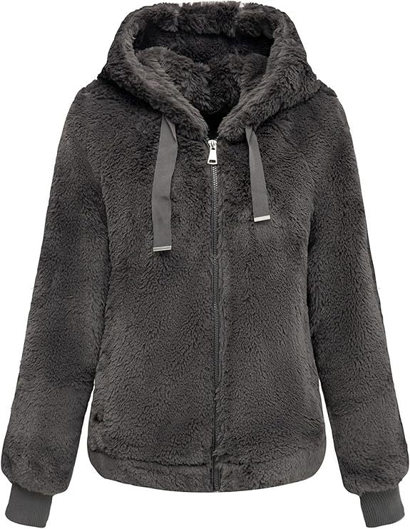 Damen Kapuzen‑Teddyjacke aus weichem Faux‑Fur mit Reißverschluss und Rippbündchen Nord Taschen
