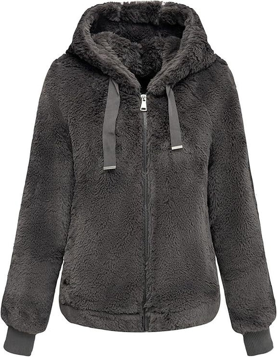Damen Kapuzen‑Teddyjacke aus weichem Faux‑Fur mit Reißverschluss und Rippbündchen Nord Taschen