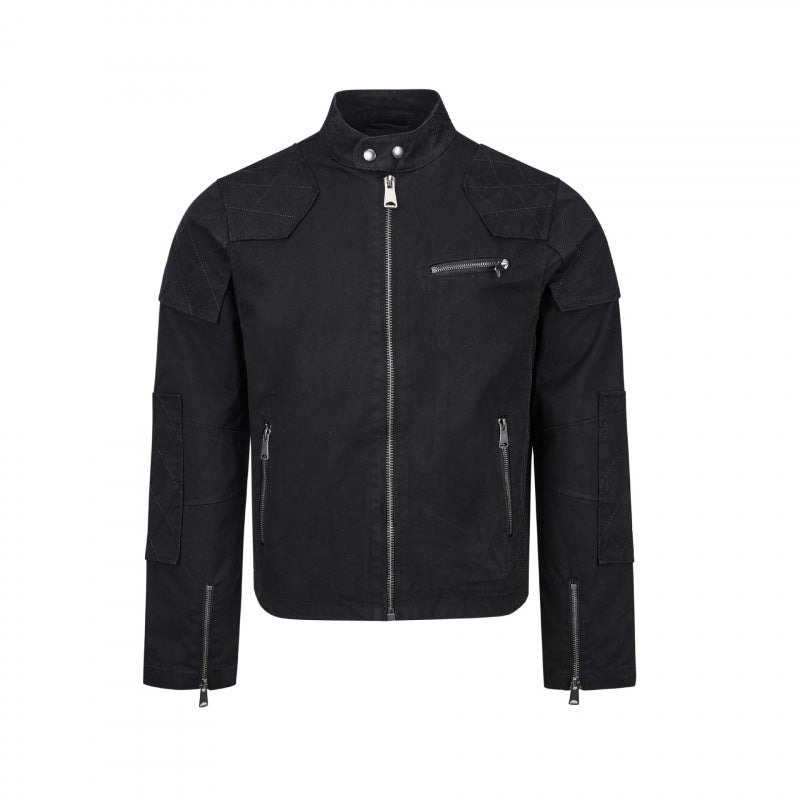 Herren Kurz geschnittene Biker‑inspirierte Baumwolljacke mit Stehkragen, Quilt‑Einsätzen und Reißverschlusstaschen Nord Taschen
