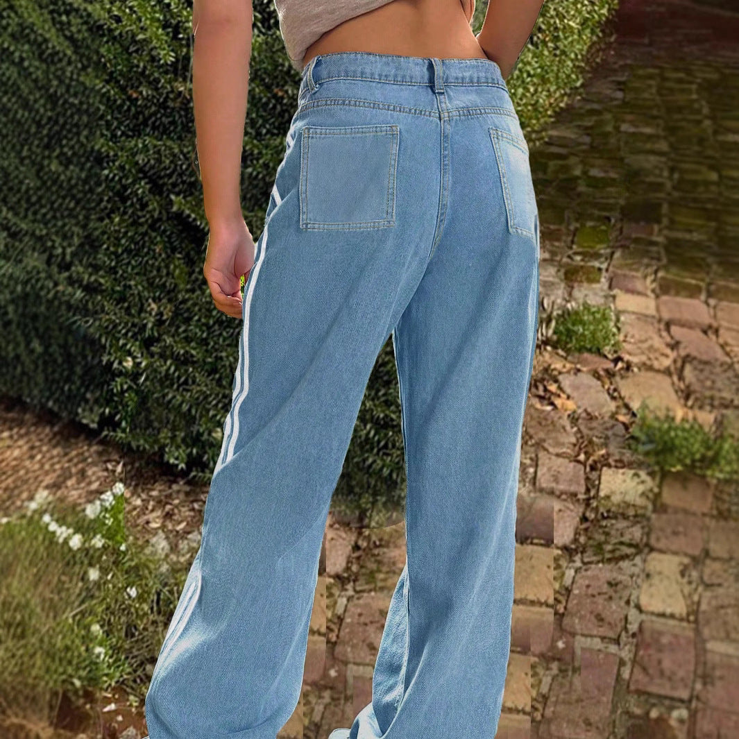 Damen weite Denim-Jeanshose mit sportivem Seitenstreifen Nord Taschen