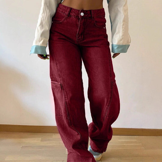 Damen High-Waist weite Cargo-Denimhose mit Nahtpaneelen und Baggy-Silhouette Nord Taschen