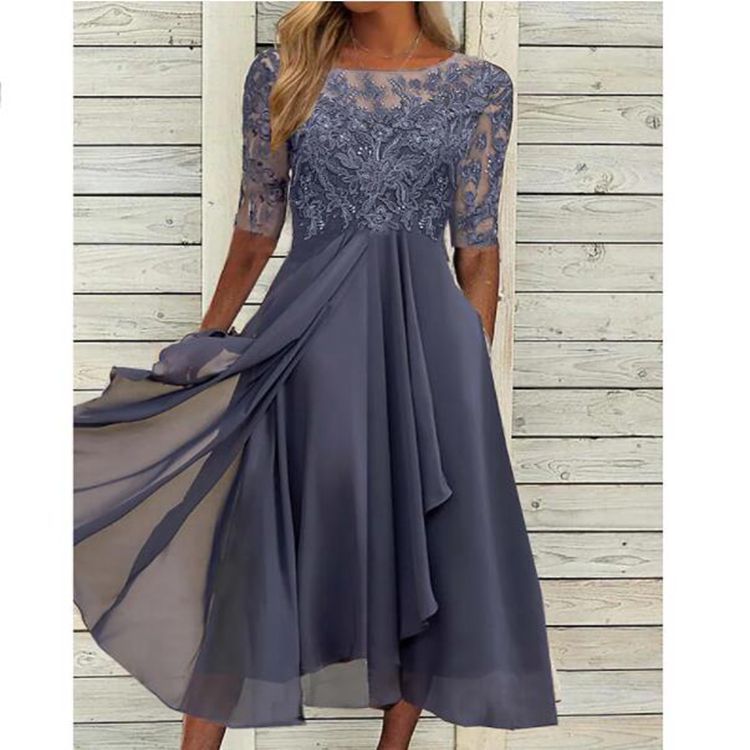 Damen nan elegantes Chiffon-Spitzenkleid mit Vokuhila-Überwurf und dreiviertelärmeln Arvani