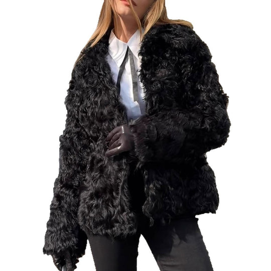 Damen Boxy-Kurzmantel aus gewelltem Faux-Fur mit strukturierter Wellenoptik und offener Front Nord Taschen