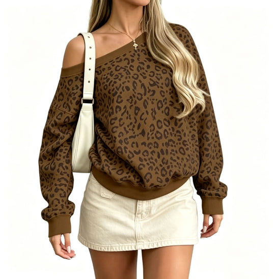 Damen Schulterfreier Leoparden-Print Sweatpullover mit Oversize-Schnitt Nord Taschen