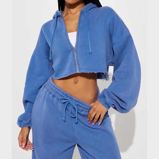 Damen gekürztes Reißverschluss-Kapuzenoberteil und hochtaillierte weite Fleece-Jogginghose Set Nord Taschen