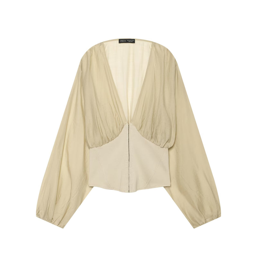 Damen Kurzes Bolero-Blouson mit tiefem V‑Ausschnitt, geraffter Passe und Ballonärmeln Nord Taschen