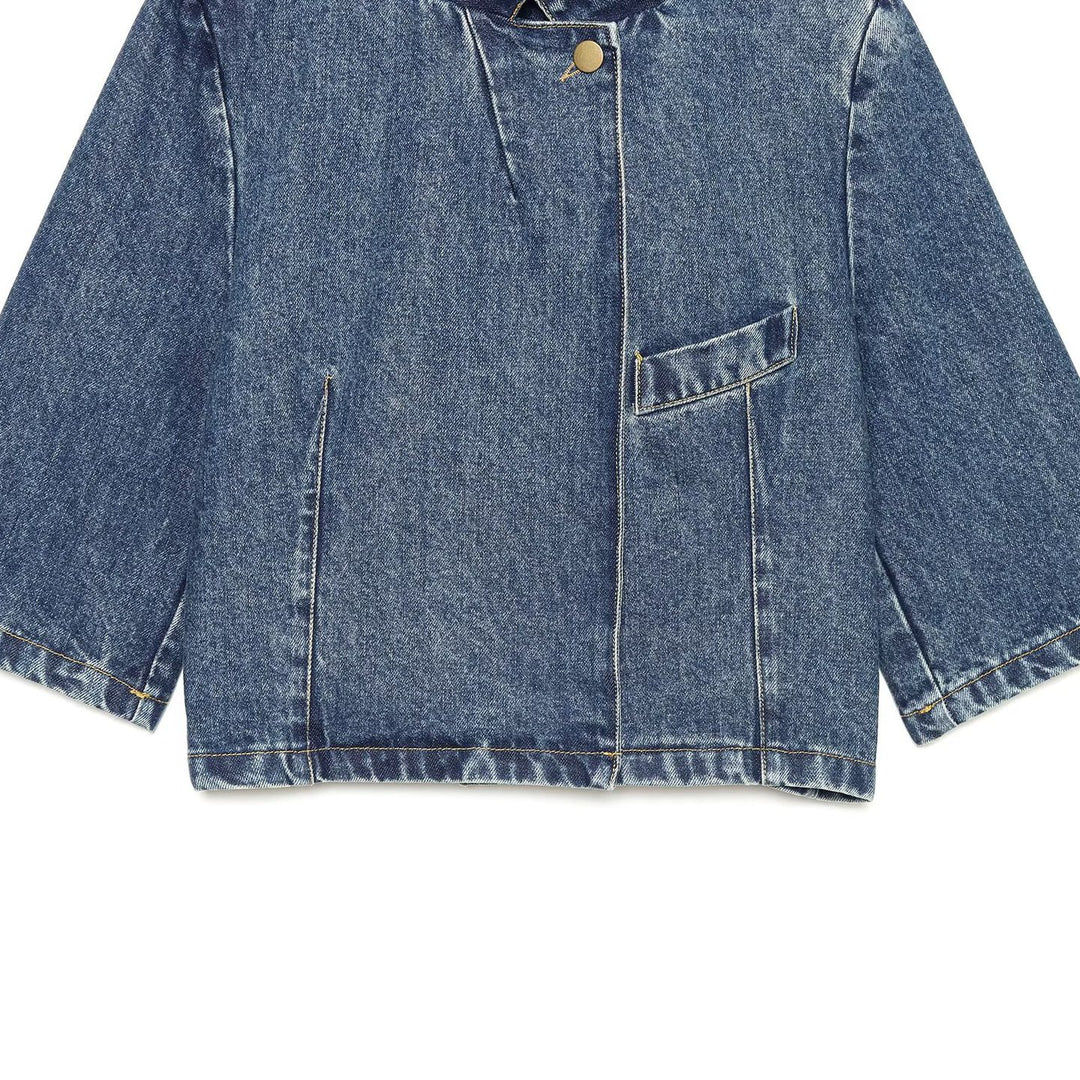 Damen Boxy Cropped Jeansjacke mit Stehkragen und dreiviertel Ärmeln Nord Taschen